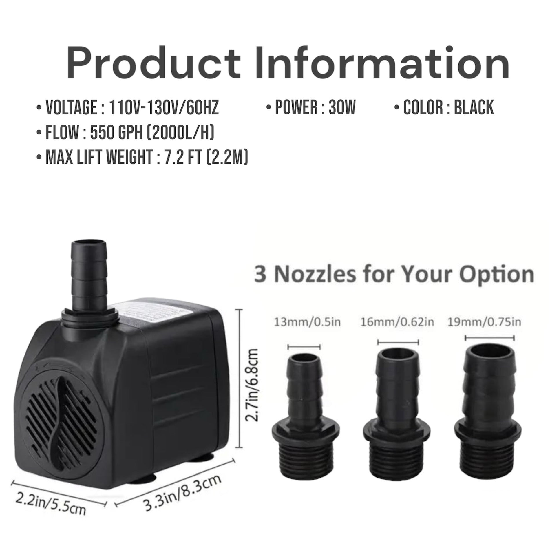 SUBMERSIBLE PUMP 30W - 550GPH(2000L/H)